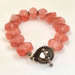 Pink strawberry quartz faceted stone beads bracelet with etched silver toggle